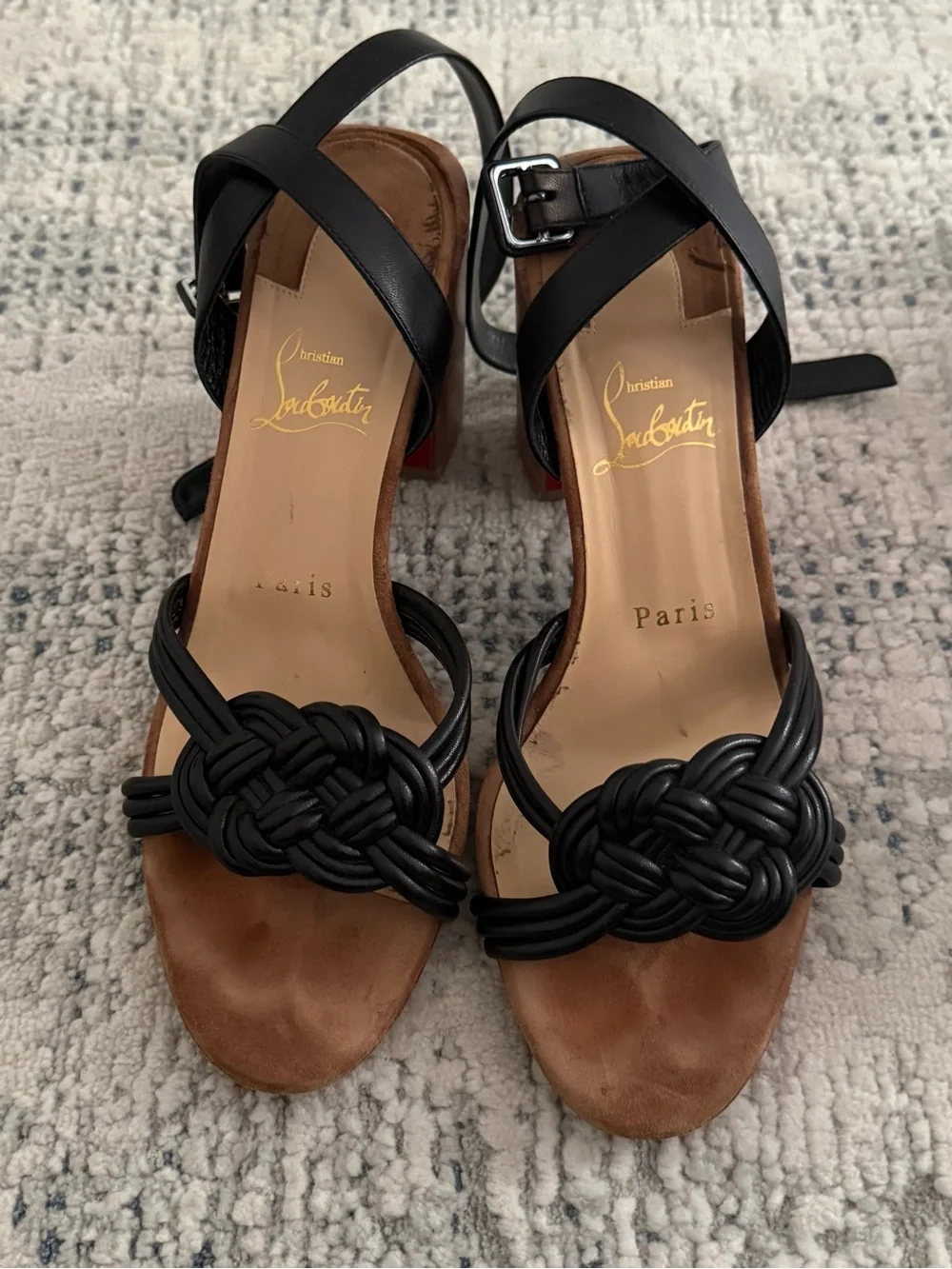 Christian Louboutin Black Knotted Leather Ankle Strap Sandals 38 - Picture 1 of 5